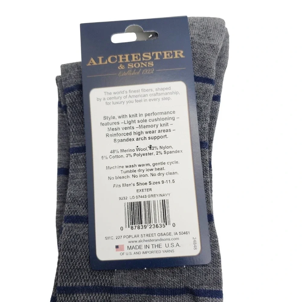 Extra Fine Merino Wool Stripe Crew Socks Mens Large Grey Navy Alchester Exeter